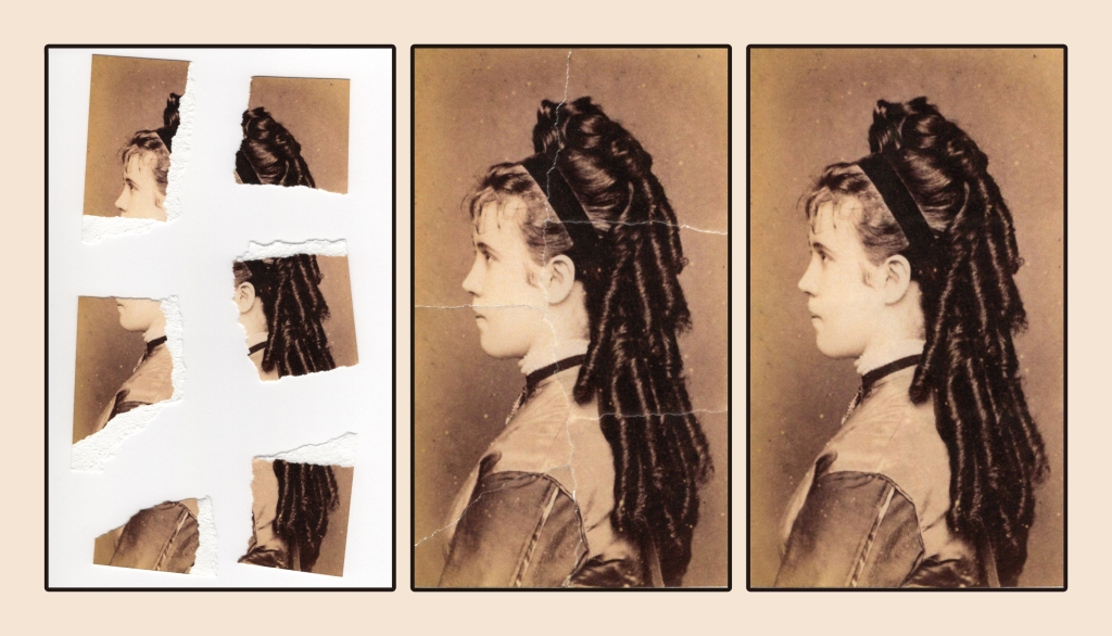 Digital image restoration using Affinity Photo: the scanned pieces, the reassembled image with visible seams, and the end result after digital inpainting. The original image is from Wikimedia Commons and is in the public domain.