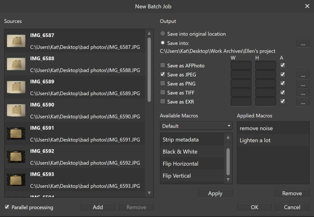 The batch processing window. A list of selected image files appears on the left. The box at bottom right, labelled ‘Applied Macros’, shows the adjustments that will be applied to every file. ‘Macros’ is what Affinity calls adjustments or commands that have been recorded for future reuse (similar to ‘actions’ in Photoshop). A handful come pre-loaded, but you can record your own based on your needs. Image by Katherine Potapova.